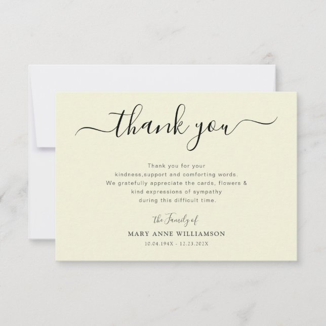 lovely script biege funeral thank you note card (Front)