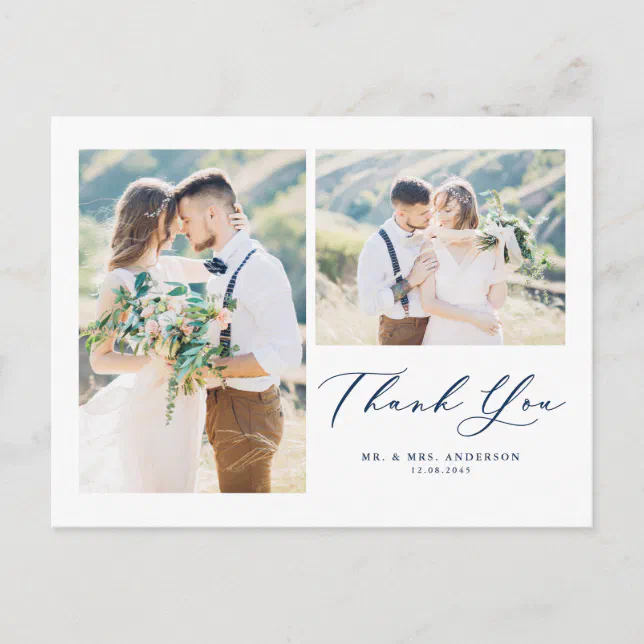 Lovely Script Blue Two Photo Collage Thank You Postcard | Zazzle