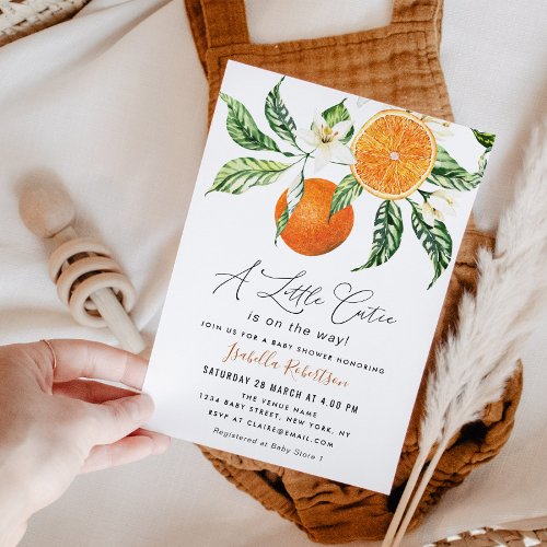 lovely script citrus oranges baby shower invitation