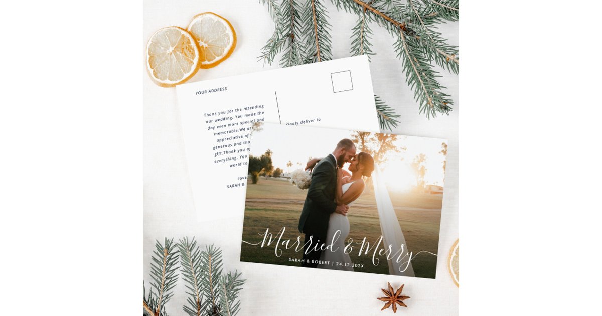 lovely script holiday wedding announcement postcard | Zazzle