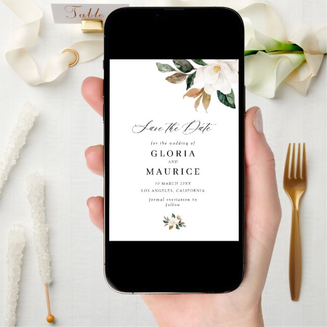 lovely script Magnolia floral Save the Date (Front Digital)