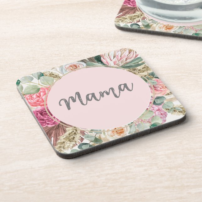 Lovely script Mama l Beautiful flowers for mother Beverage Coaster (Left Side)