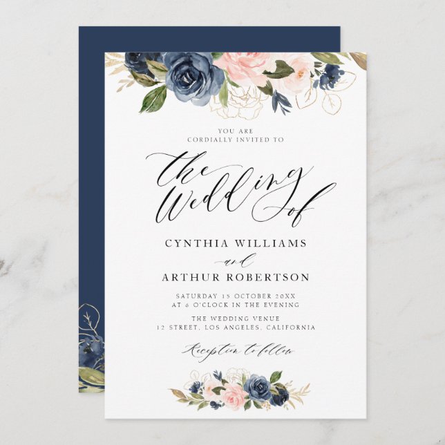 lovely script navy and blush pink wedding invitation (Front/Back)