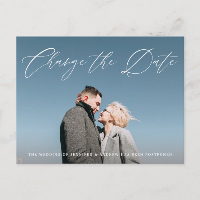 Lovely Script Photo Change the Date Announcement Postcard (Front)