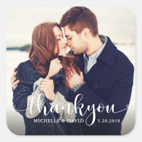 Lovely Script Wedding Photo Thank You Square Sticker