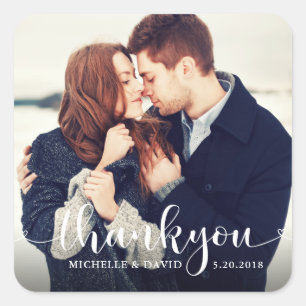 Lovely Script Wedding Photo Thank You Square Sticker