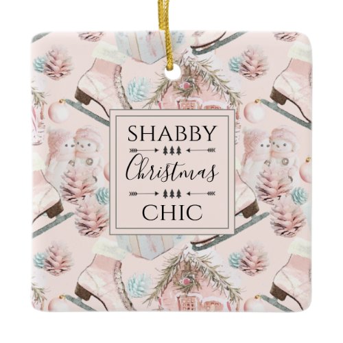 Lovely Shabby Chic Pink Christmas Pattern Ceramic Ornament