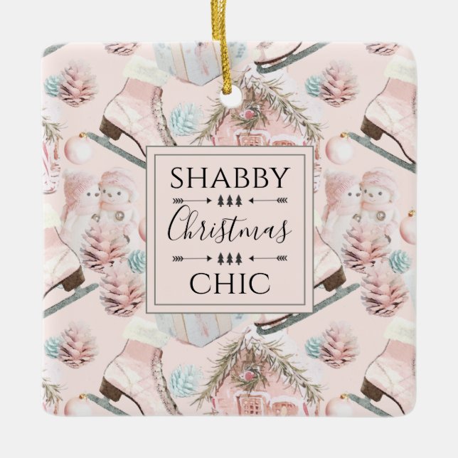 Lovely Shabby Chic Pink Christmas Pattern Ceramic Ornament (Front)