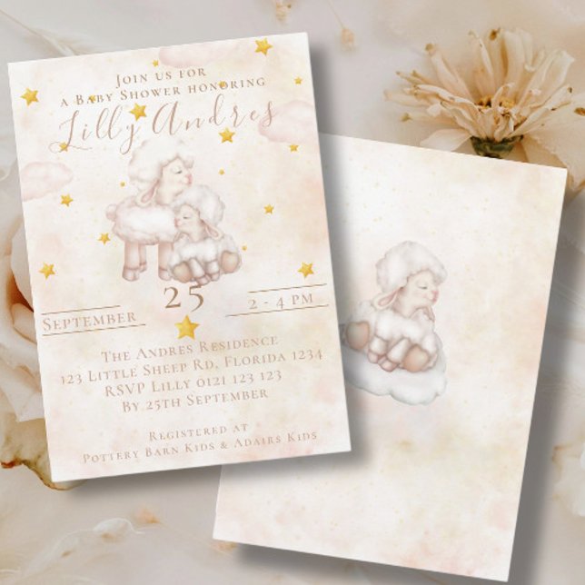 Lovely Sheep pinky cloud dust stars Baby Shower Invitation (Creator Uploaded)