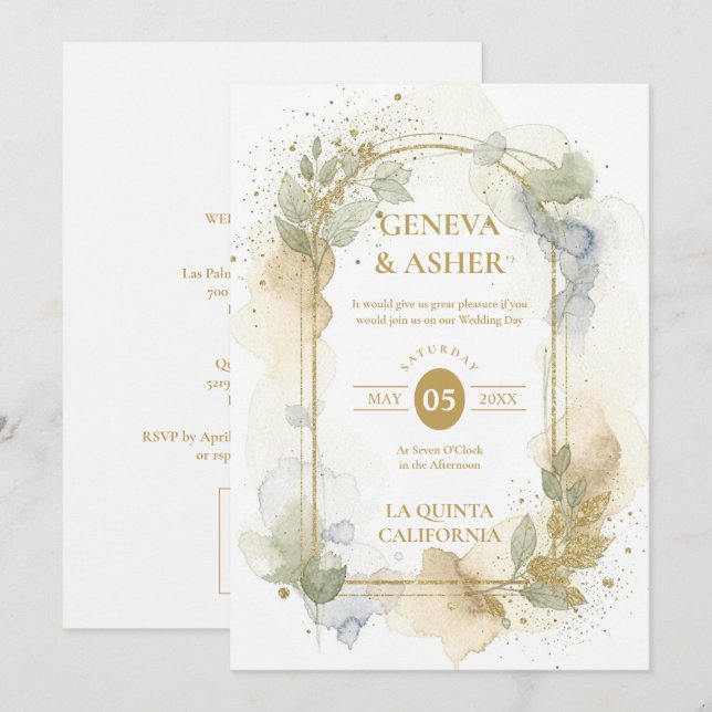 Lovely Spring Green & Beige Floral Arch Wedding Invitation (Front/Back)