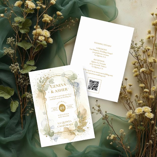 Lovely Spring Green & Beige Floral Arch Wedding Invitation (Lovely Spring Green & Beige Floral Arch Glitter Effect Wedding Invitation with Back QR Code.)