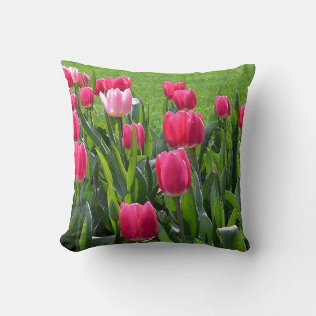 lovely spring pink tulip flowers. garden floral throw pillow (Front)