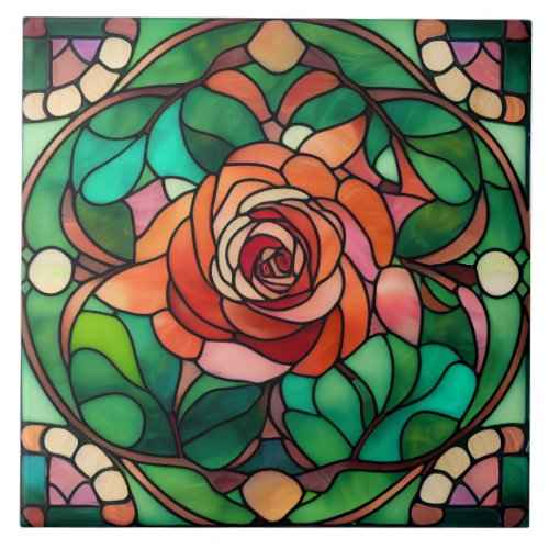 Lovely Stained Glass Style Floral Rose Ceramic Tile