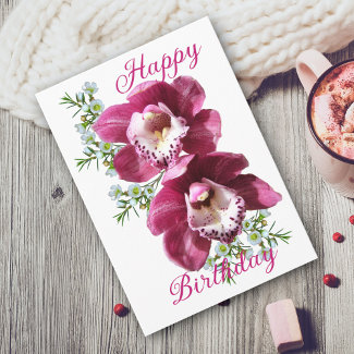 Lovely Strong Pink Orchids Happy Birthday Card