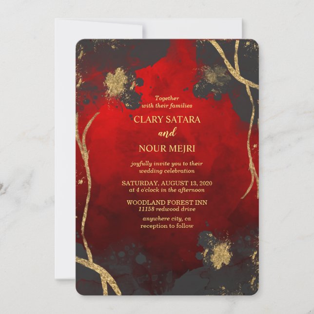 Lovely, stylish red, grey  and gold wedding invitation (Front)
