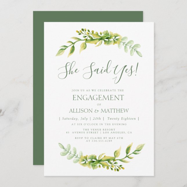 Lovely summer green engagement party invitation (Front/Back)