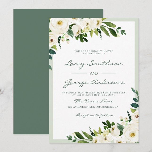 Lovely summer White floral wedding invitation (Front/Back)