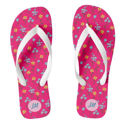 Lovely Summerflowers Pink Yellow Blue  Monogram  Flip Flops