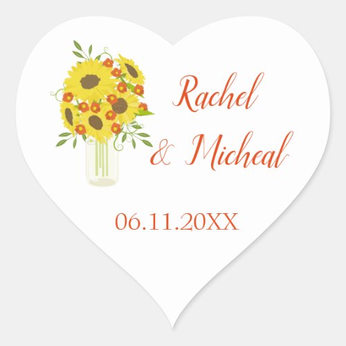 Lovely Sunflower Wedding Heart Sticker