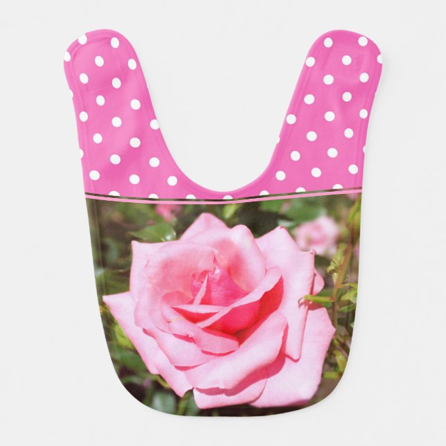 Lovely, sweet pink white polka dots, pink rose baby bib (Front)