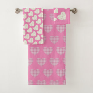 Lovely Tartan Hearts Flowers Blush Pink Gray Bath Towel Set