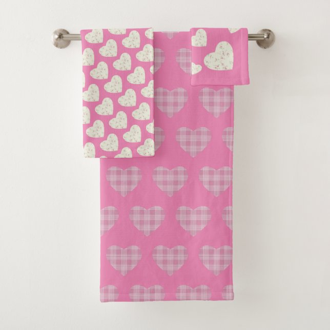 Lovely Tartan Hearts Flowers Blush Pink Gray Bath Towel Set (Insitu)
