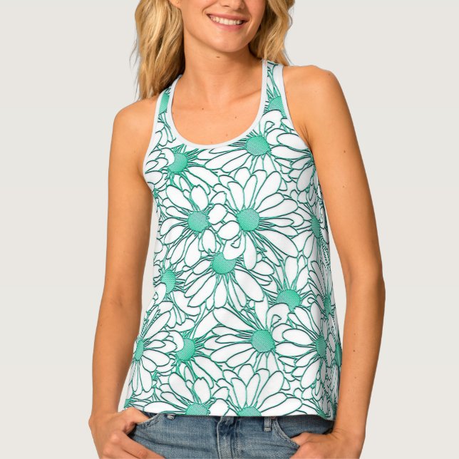 Lovely Teal and White Floral Pattern Tank Top (Front)