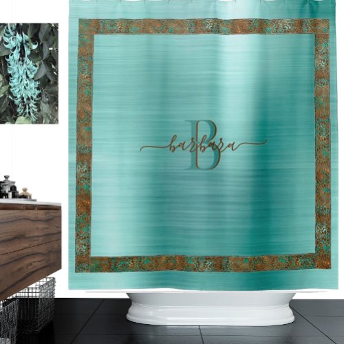 Lovely Teal with Unique Border Custom Monogram    Shower Curtain