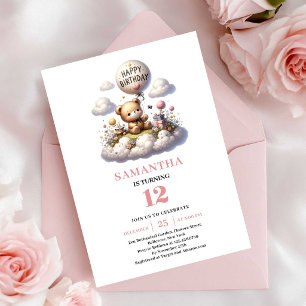 Lovely teddy bear balloon art girl birthday invite