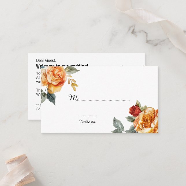 Lovely  text @ back Marble Dreams Orange Rose  Place Card (Front/Back In Situ)