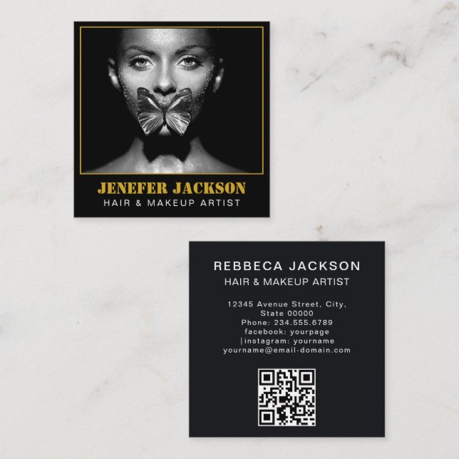 lovely text modern photographer QR code black Square Business Card (Front/Back)