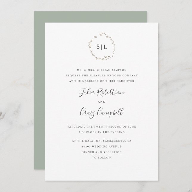 Lovely Tiny Green leaves  formal monogram wedding Invitation (Front/Back)