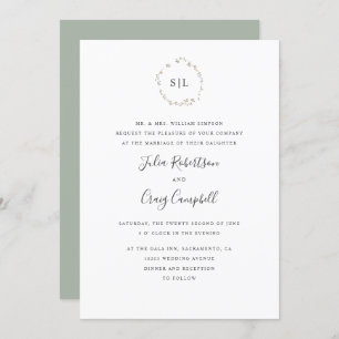 Lovely Tiny Green leaves formal monogram wedding Invitation