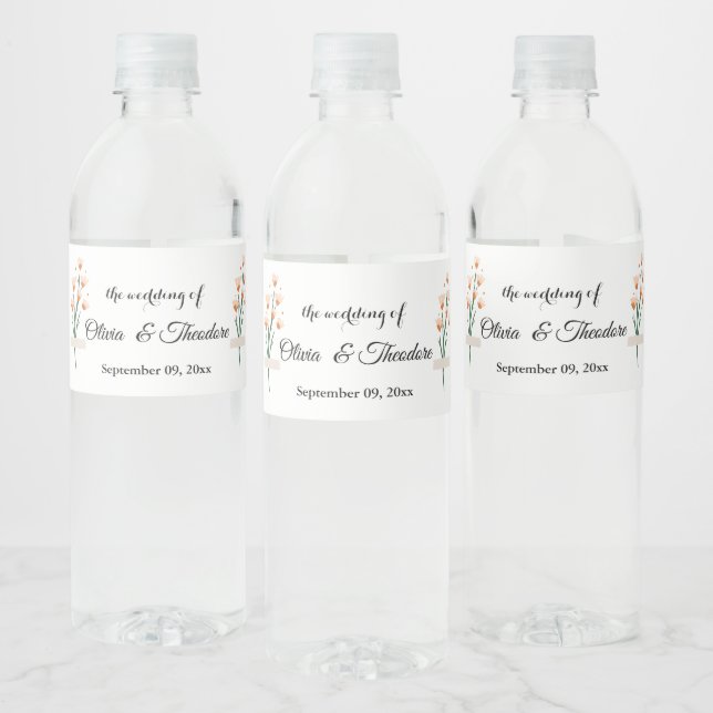 Lovely Trendy Pink Watercolor Wildflower Wedding Water Bottle Label (Bottles)