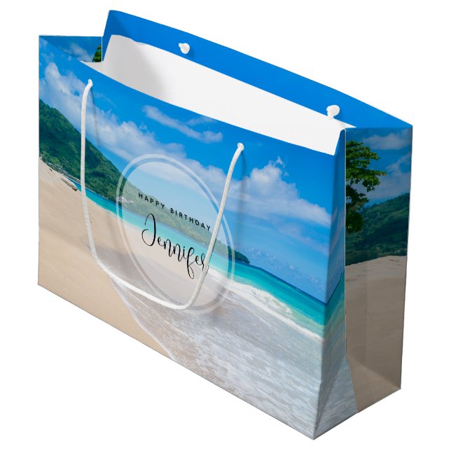 Lovely Tropical Destination Scenic Beach Birthday Large Gift Bag (Front Angled)