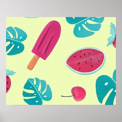 Lovely Tropical Fruits Leaves Ice Pops Pattern  Poster