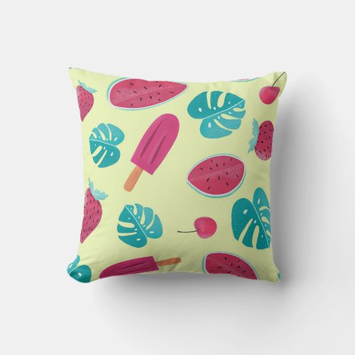 Lovely Tropical Fruits Leaves Ice Pops Pattern  Throw Pillow