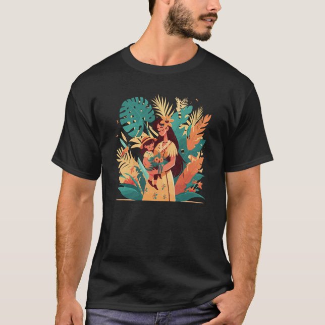 Lovely Tropical Illustration Of A Mom With Her Dau T-Shirt (Front)