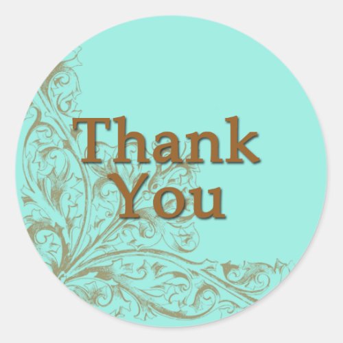 Lovely Turquoise and Chocolate Brown Thank You Classic Round Sticker