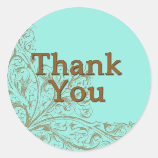 Lovely Turquoise and Chocolate Brown Thank You Classic Round Sticker (Front)