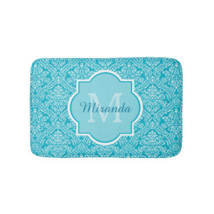 Lovely Turquoise Damask Pattern Monogram With Name Bath Mat