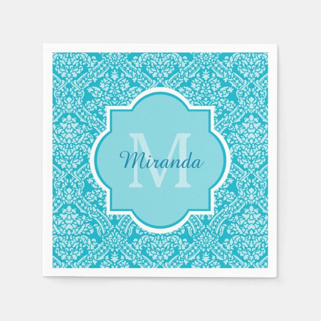 Lovely Turquoise Damask Pattern Monogram With Name Paper Napkins (Front)