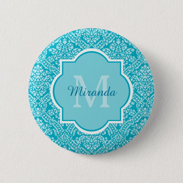 Lovely Turquoise Damask Pattern Monogram With Name Pinback Button (Front)