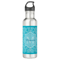 Lovely Turquoise Damask Pattern Monogram With Name Water Bottle Lovely Turquoise Damask Pattern Monogram With Name Water Bottle