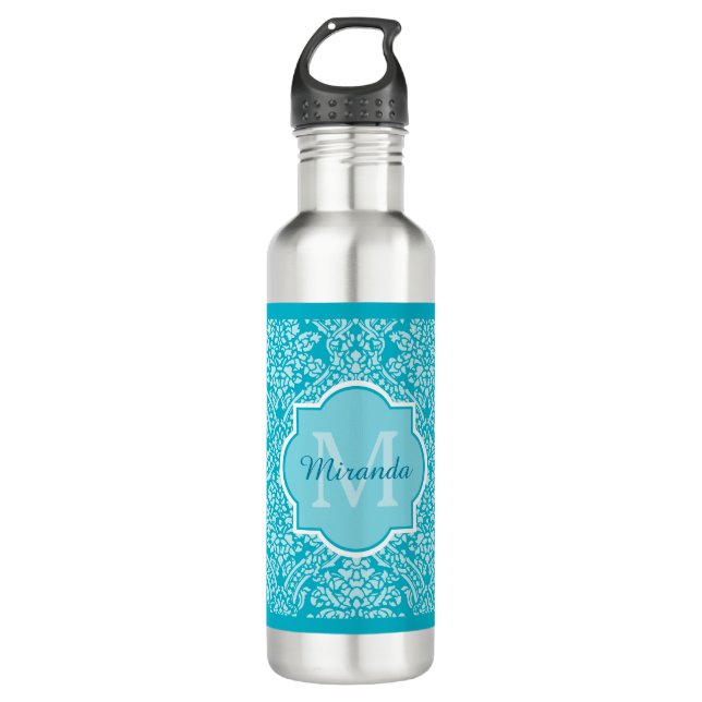 Lovely Turquoise Damask Pattern Monogram With Name Water Bottle (Front)