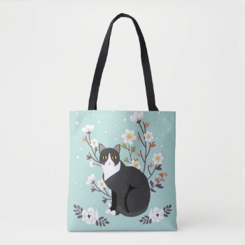 Lovely Tuxedo Cat In Flowers All-over-print Tote by kazashiya at Zazzle