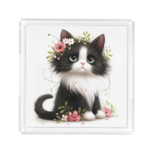 Lovely Tuxedo Kitten with Flowers Acrylic Tray