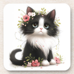 Lovely Tuxedo Kitten with Flowers  Beverage Coaster