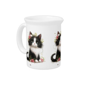 Lovely Tuxedo Kitten with Flowers Beverage Pitcher