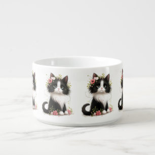 Lovely Tuxedo Kitten with Flowers  Bowl